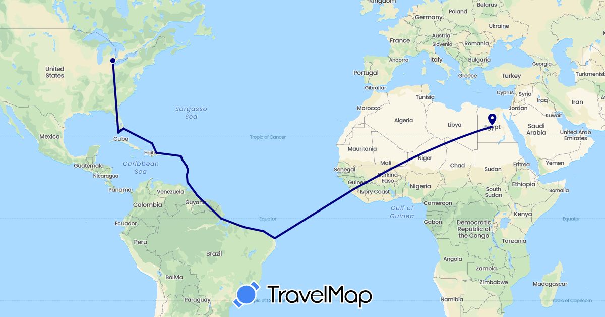 TravelMap itinerary: driving in Anguilla, Brazil, Bahamas, Dominica, Dominican Republic, France, Guyana, Saint Kitts and Nevis, Saint Lucia, Sierra Leone, United States, Saint Vincent and the Grenadines, British Virgin Islands (Africa, Europe, North America, South America)